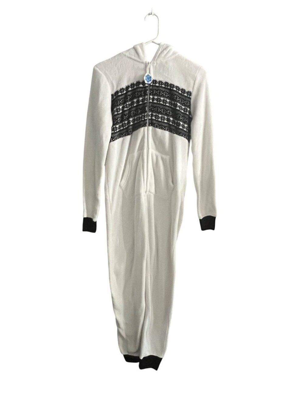 White/Black Polar Bear Fair Isle Fleece Hooded Pom Tail One Piece Pajama Women M - Picture 8 of 8